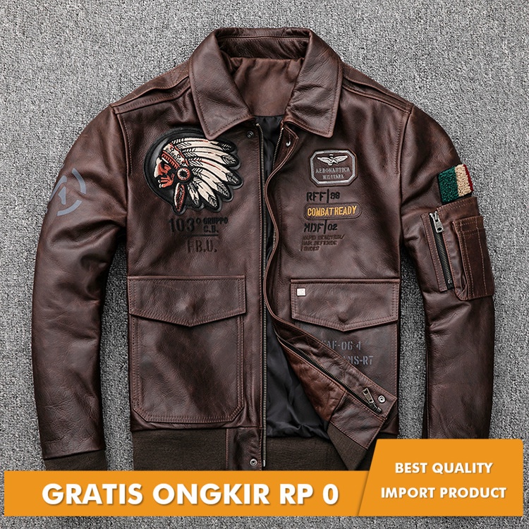 Jaket Kulit Pria Indian new replica leather clothes men's horse skin oil wax used red brown flight c