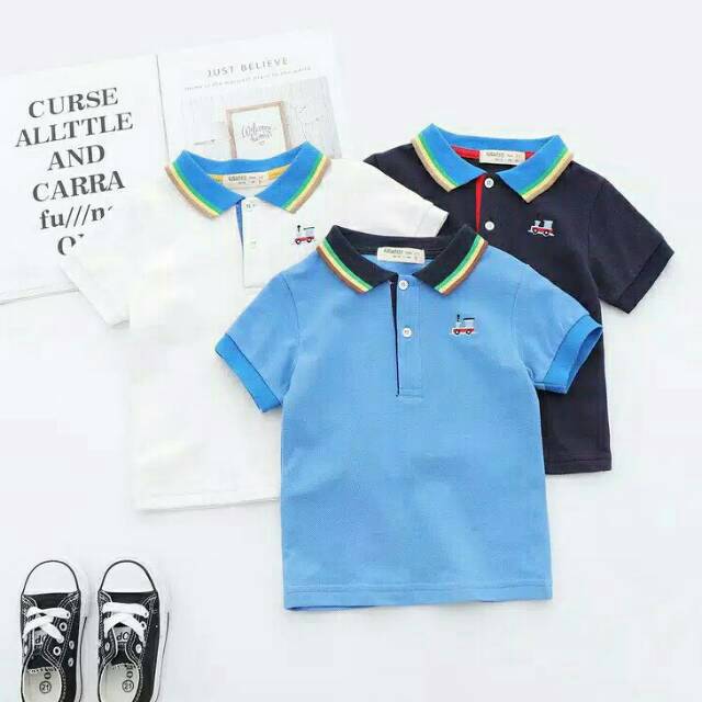 Baju kaos berkerah polo polos biru navy putih casual impor murah anak laki laki cowok korea keren