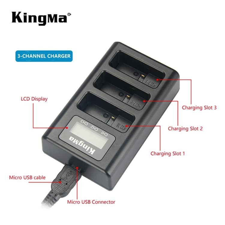 Charger Triple KINGMA GoPro Hero 7 / 6 / 5 - Charger LCD 3Channel Slot