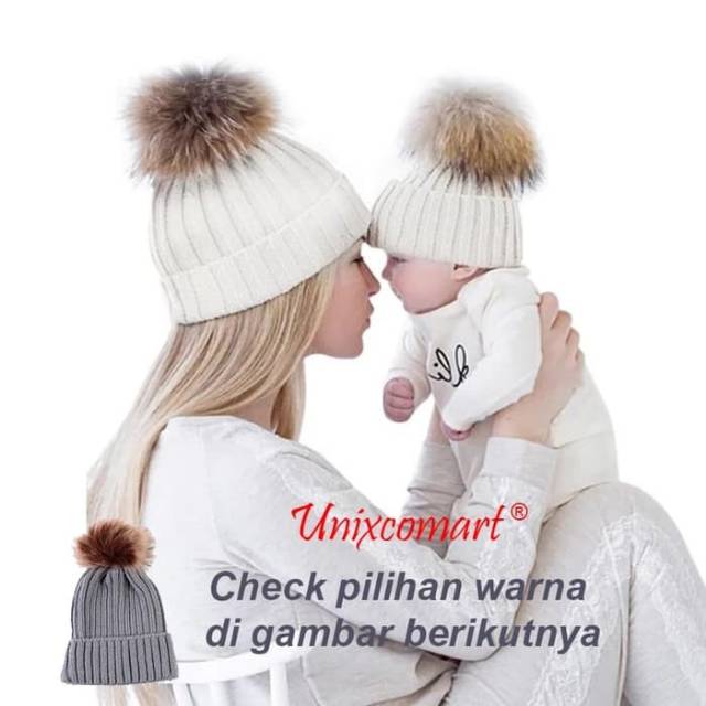 POMPOM Topi Kupluk Anak Bayi dan Dewasa Bahan Rajut