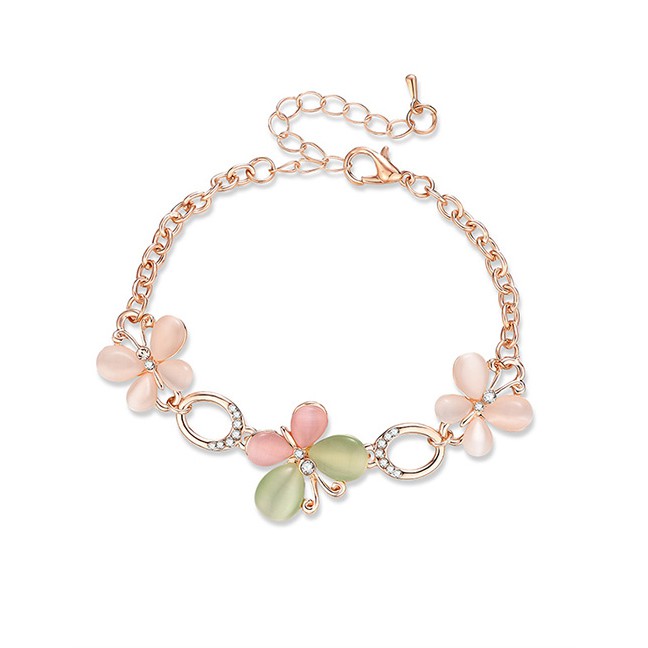 LRC Gelang Tangan Fashion Pink+green Flowers Decorated Simple Bracelet