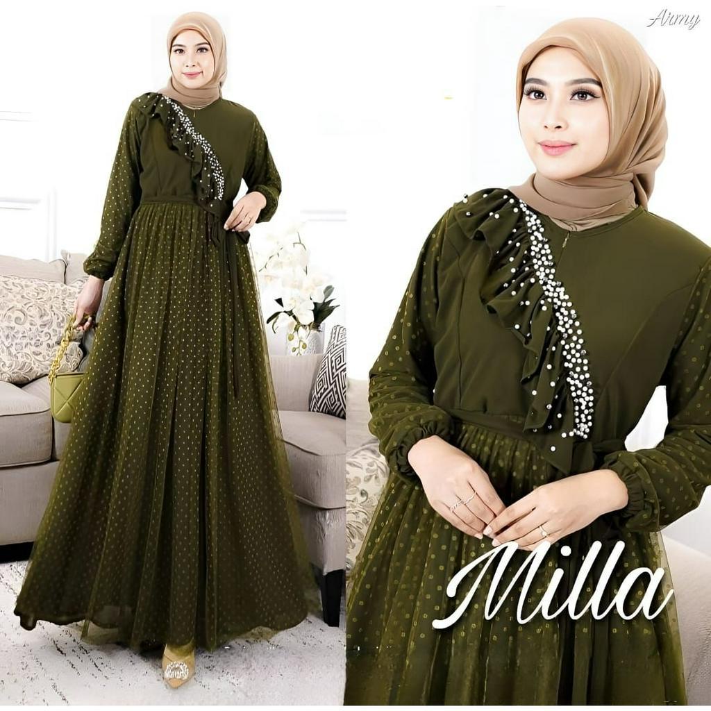 GAMIS WANITA TERBARU MILA MAXY BAHAN CERUTY BABYDOLL APLIKASI TILE DOTT APLIKASI MUTIARA DAN FULL PURING LD 100 - 120 CM UKURAN M L XL XXL GAMIS SAGE GREEN MUSLIM MODERN MAXY DRESS JUMBO WANITA KEKINIAN DRESS SAGE BRIDESMAID