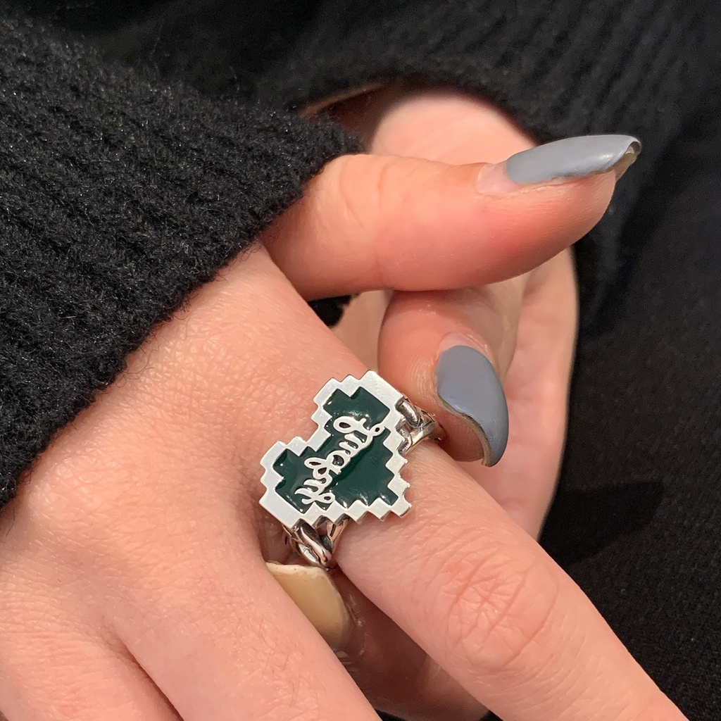 Cincin Model Terbuka Desain Mosaik Hati Warna Hijau Tua Gaya Hip Hop Untuk Wanita