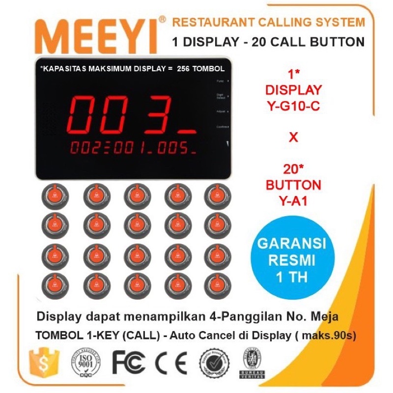 Bel Meja Restoran 1 Display dan 20 Call Button - MEEYI Y-G10-C x Y-V1