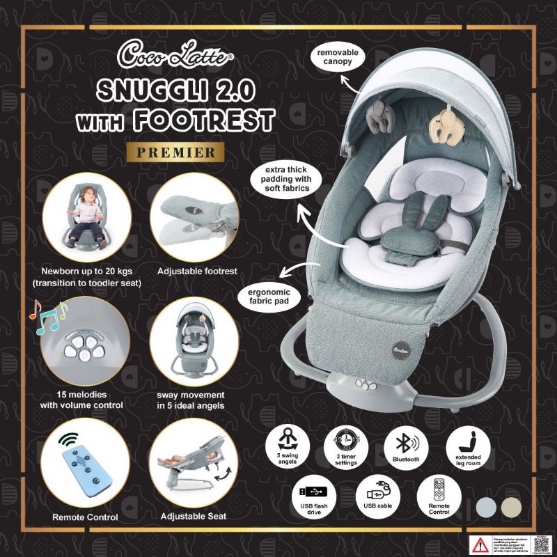 MKS - Cocolatte Snuggli 2.0 Footrest Premier Safari Patio Swing Ayunan Bayi Elektrik Features / OTOMATIS Bouncer Swing