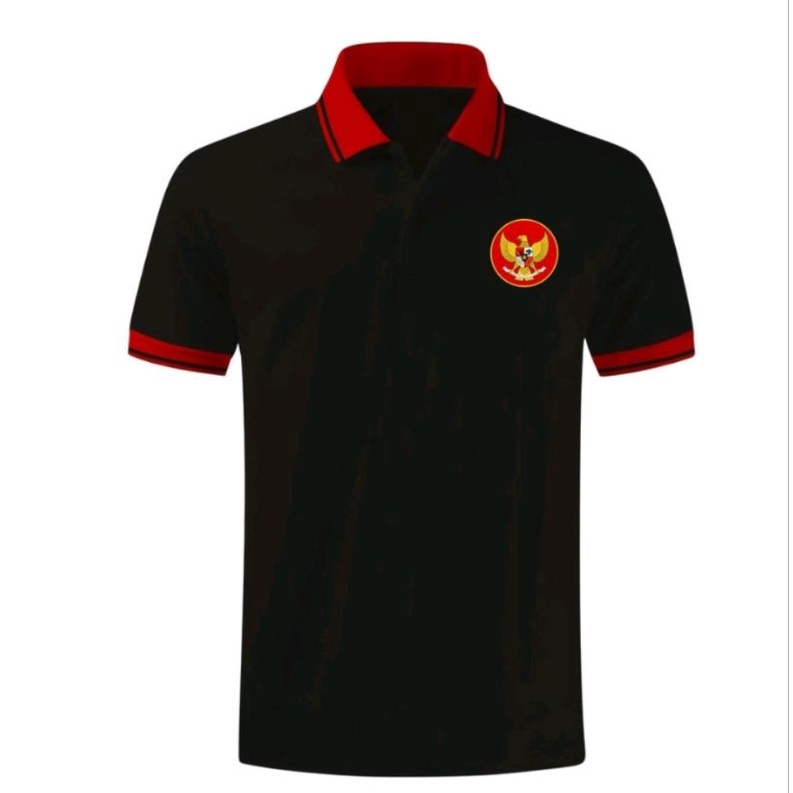 COD Kaos Kerah Pria Polo Logo Garuda Di Dada - Polo HITAM List MERAH