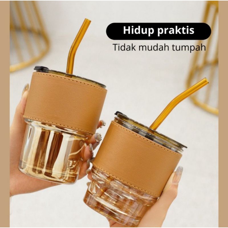 gelas kopi + sedotan tumbler kaca estetik mewah anti tumpah