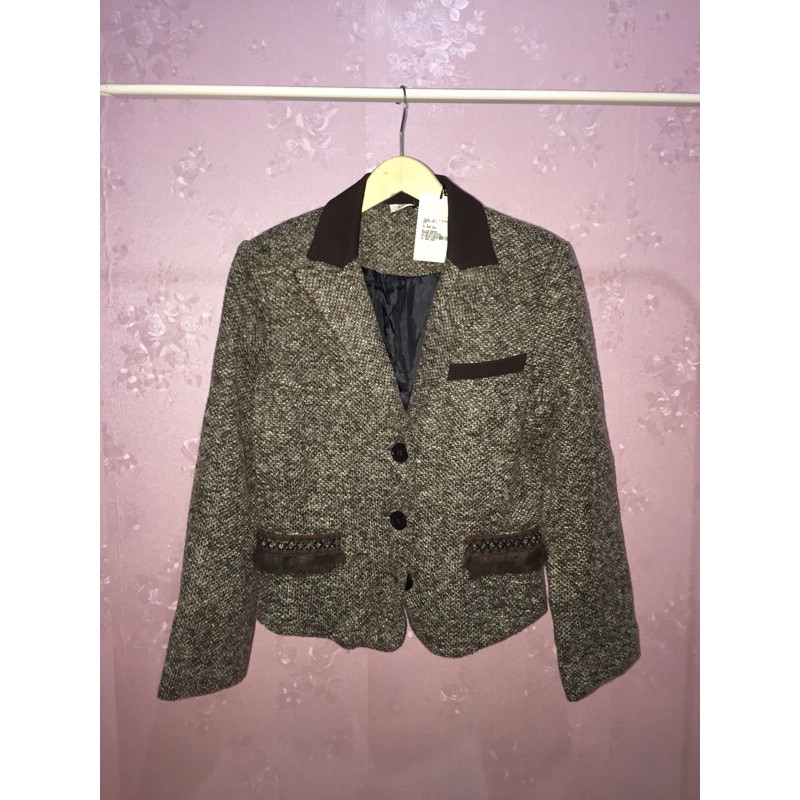 (WITH TAG) ELLE TWEED BLAZER OUTER  CROP BROWN JACKET SALE 60% ORIGINAL STORE
