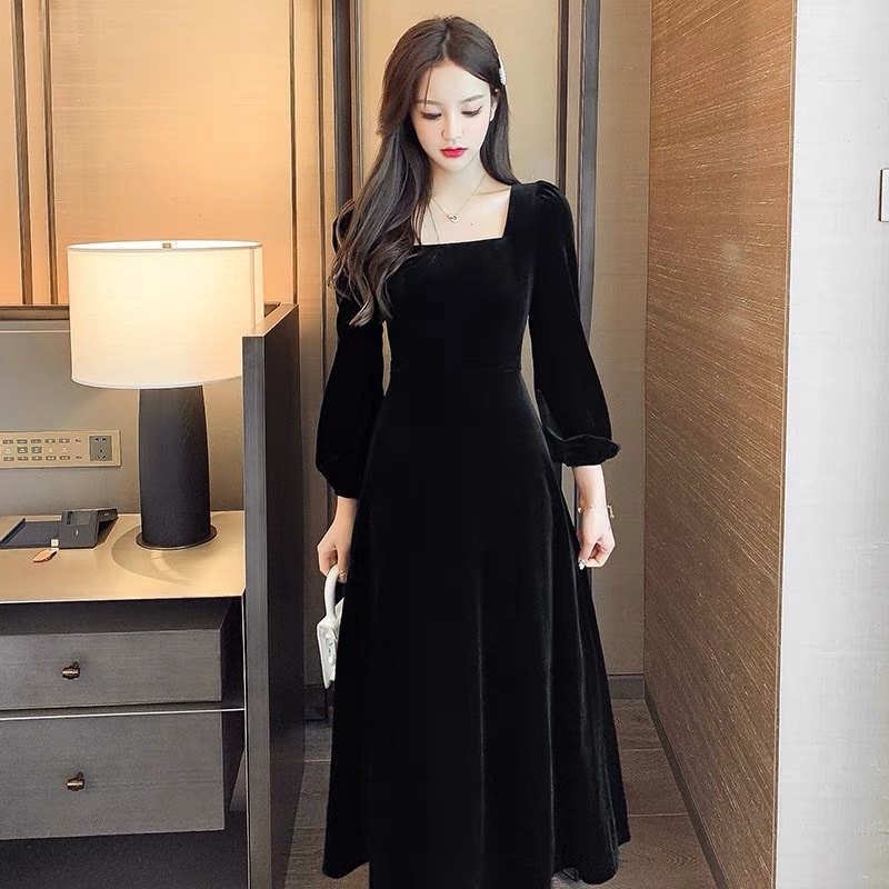 H7 D11 Velvet elegant long dress lengan panjang leher kotak / gaun / korean vintage midi dress