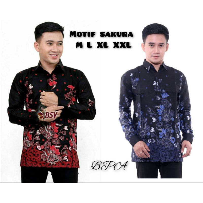 kemeja batik lengan panjang motif sakura size m l xl xxl xxxl