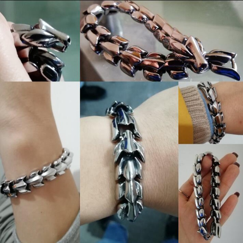 Gelang Panjang 20cm Desain Naga Tengkorak Bahan Titanium Steel Warna Silver Gaya Retro Punk Untuk Pria