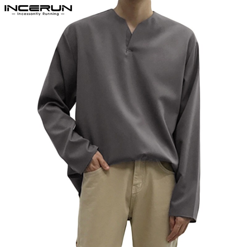 INCERUN Mens Linen Long Sleeve V-Neck Causal Shirt