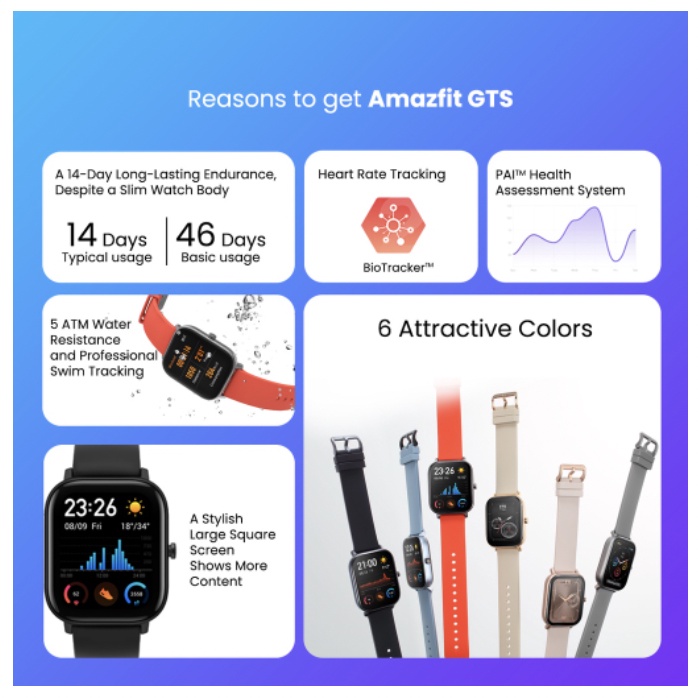 Amazfit GTS Fitness Smartwatch 1.65&quot; AMOLED Always-On display, GPS, Heart rate monitor, jam tangan with Music control, Sleep and Swimming