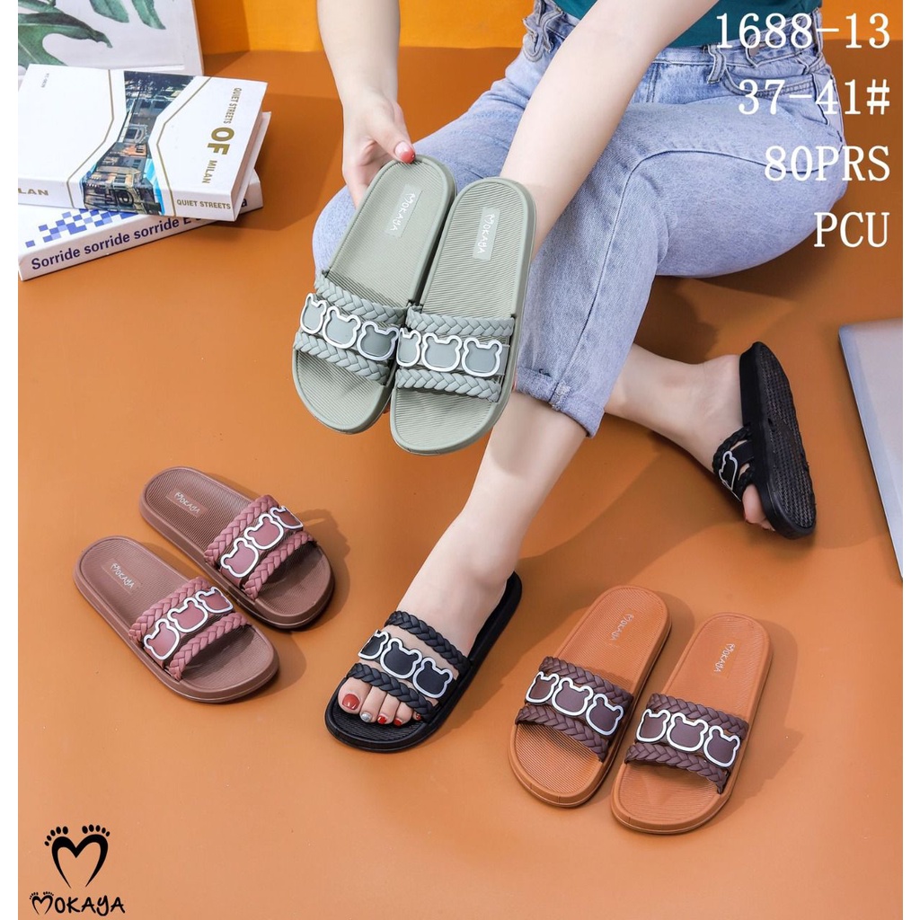 Sandal Slop Jelly Wanita Ban Strip Kepang 3 Bear Keren Lucu Cantik Elegant Import Mokaya / Size 37-41 (1688-13/1688-b20)