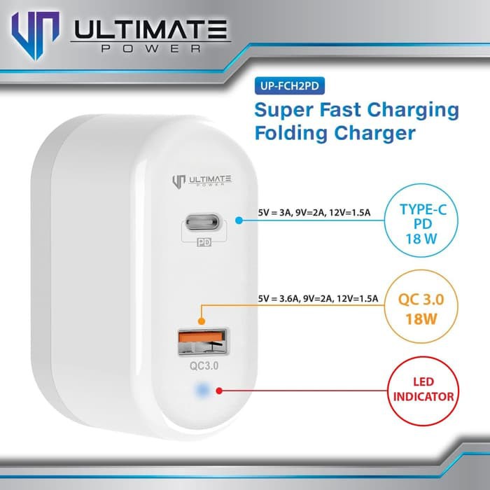 Ultimate Adaptor Batok Super Pawor Fast Charging Folding Charger Type-C + USB Micro