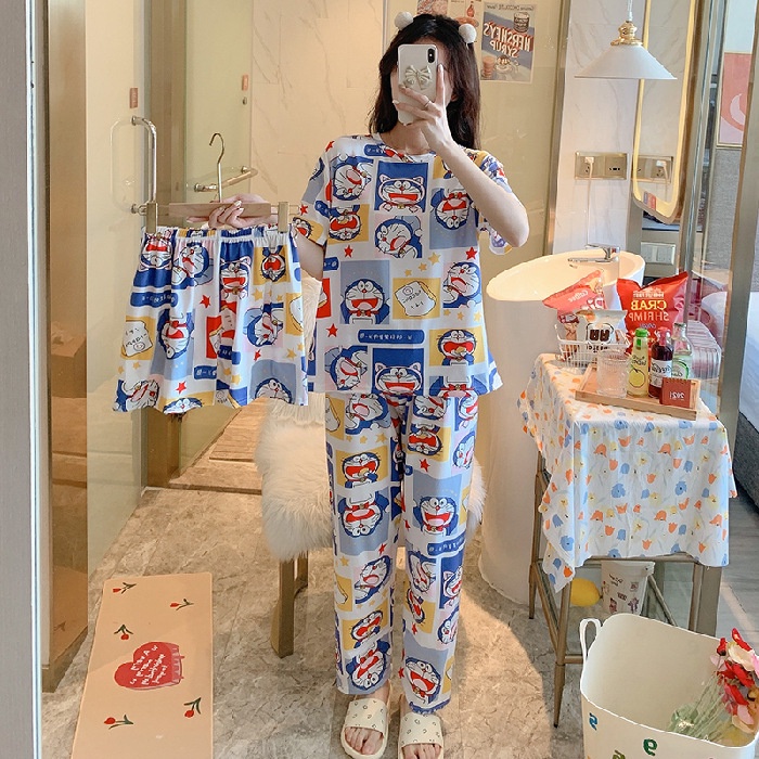 Baru set Baju Tidur Wanita Dewasa Oversize Piyama Bahan Kaos Celana Panjang & Pendek Setelan Baju Tidur 3IN1 Setelan Piyama-grid doraemon
