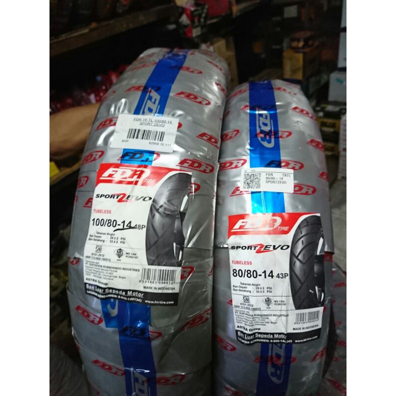 Paket 2 buah ban FDR Sport Zevo 100 80 & 80 80 ring 14 ban tubles motor matic vario beat mio soul gt