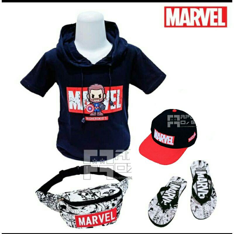 paket 4IN1 baju kaos anak laki laki tas selempang anak topi anak laki laki FREE sendal marvel waistbag anak usia 1-10 tahun