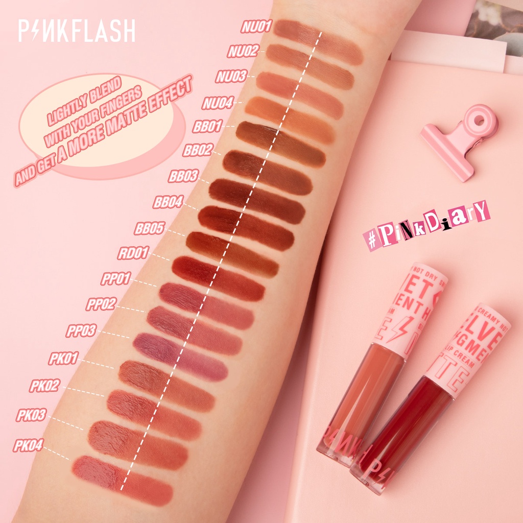 [ORI BPOM] PINKFLASH Silky Velvet Matte Lipstick Lip Cream Lipcream Smooth High Pigment Lasting Waterproof | PinkDiary Pink Flash PF-L04