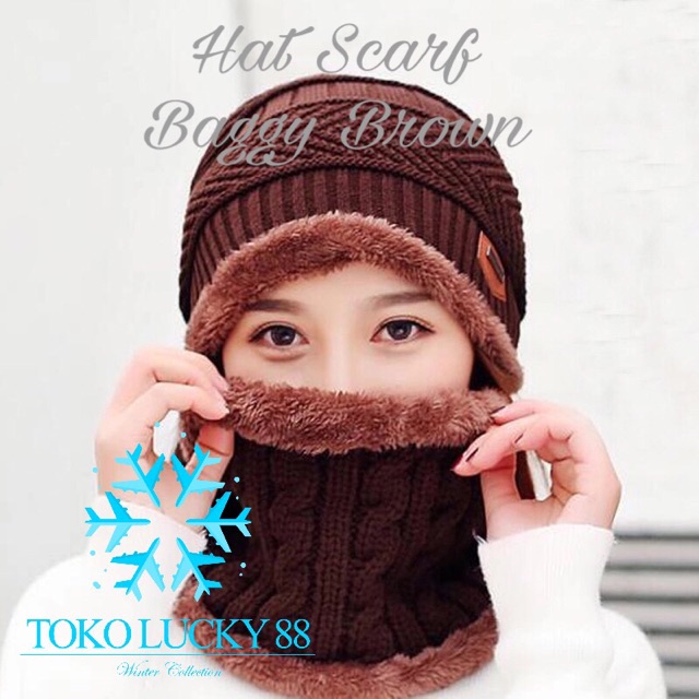 IMPORT Hat scarf baggy fur Topi Syal Bulu Set Musim Dingin Winter