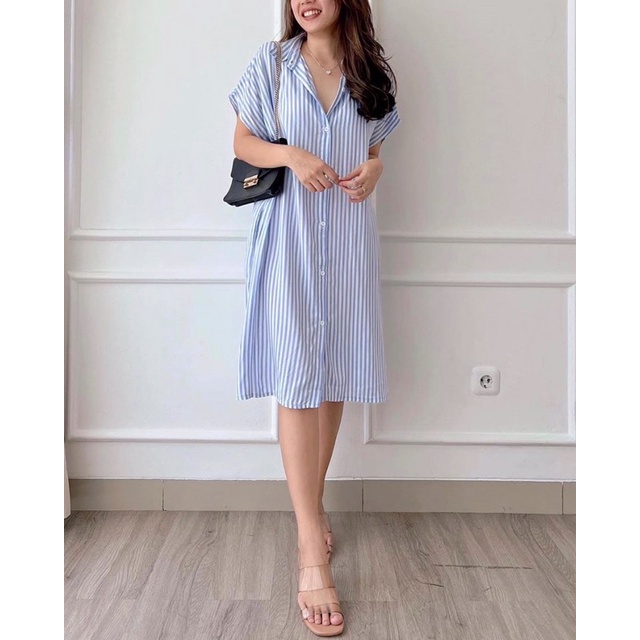 DRESS WANITA KOREA STYLE OVERSIZE JUMBO DRESS SHIRT STRIPE GINA PREMIUM IMPORT BANGKOK BAHAN COTTON 