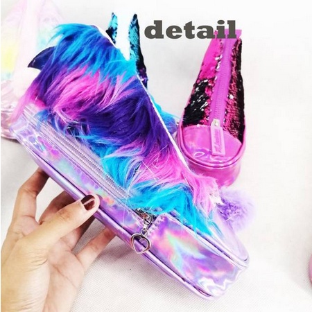 TEMPAT PENSIL SEPATU RAINBOW PELANGI - PENCIL CASE FEATHER SEQUIN POM POM UNICORN - DOMPET PENSIL ANAK