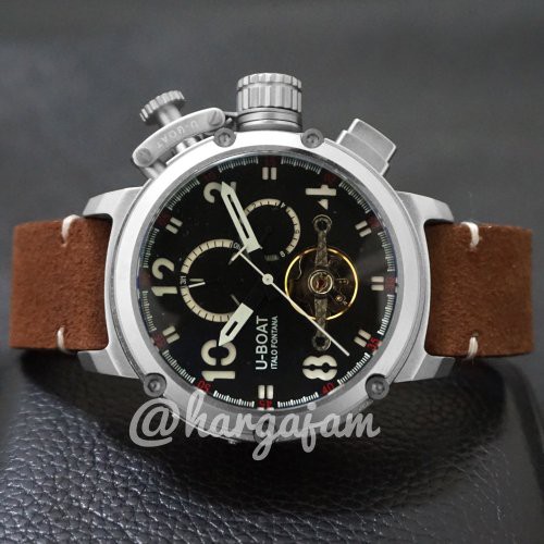 BARU Jam Pria Automatic U-boat U1848 Super Chrono Strap Leather Brown | Bezel Silver (hargajam harga