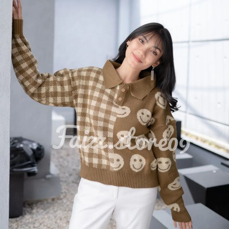 SWEATER RAJUT MOTIF SMILE SQUARE | BLOUSE KERAH RAJUT PREMIUM MOTIF Smile| BLOUSE RAJUT TEBAL Wanita STORE09 Murah