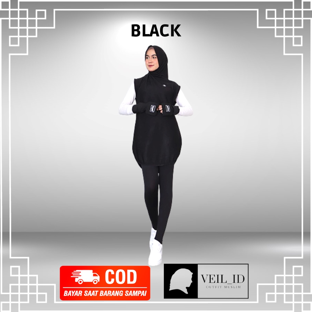 [Bisa COD] Hijab Sport + Rompi Long Vest Outer Instan Olahraga, Outfit Olahraga Fashionable Muslimah 2in1, Hijab Set Panjang Olahraga-5