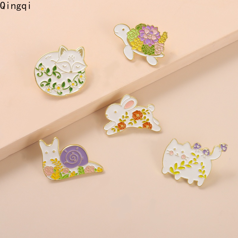 Bros Pin Enamel Desain Kartun Hewan Kelinci Siput Kura-Kura Rubah Kucing Tanaman Untuk Hadiah