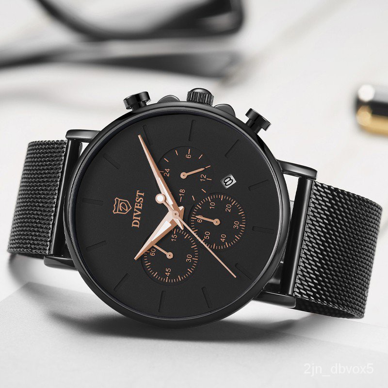 DIVEST Top Luxury Watches Mens Fashion Waterproof Mesh Steel Belt Strap Calendar Clock Quartz Milita