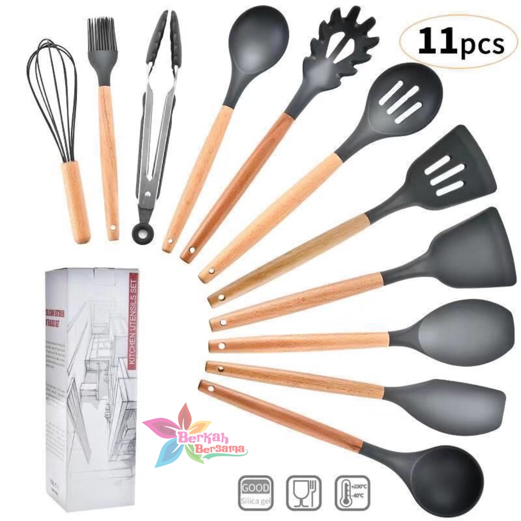 RT82 Kitchen Utensil Silicone wood 12pcs Set Peralatan Dapur Masak Baking Sutil Spatula Sendok Silikon Set Alat Masak 11 in 1 gagang kayu BB6367