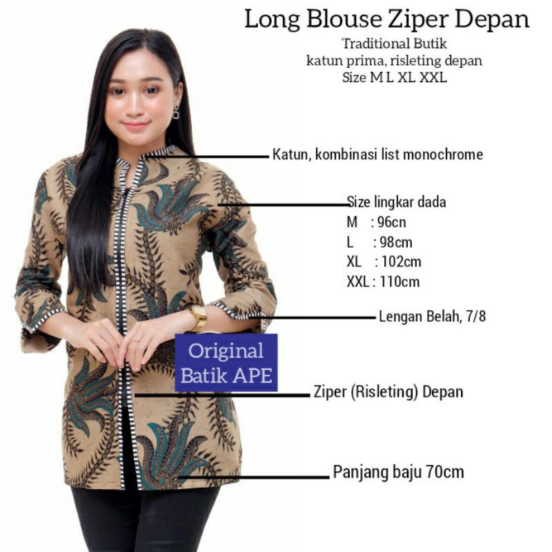 LONG BLOUSE TRADITIONAL BUTIK ZIPER RISLETING DEPAN BUSUI BATIK KOMBINASI READY M L XL XXL