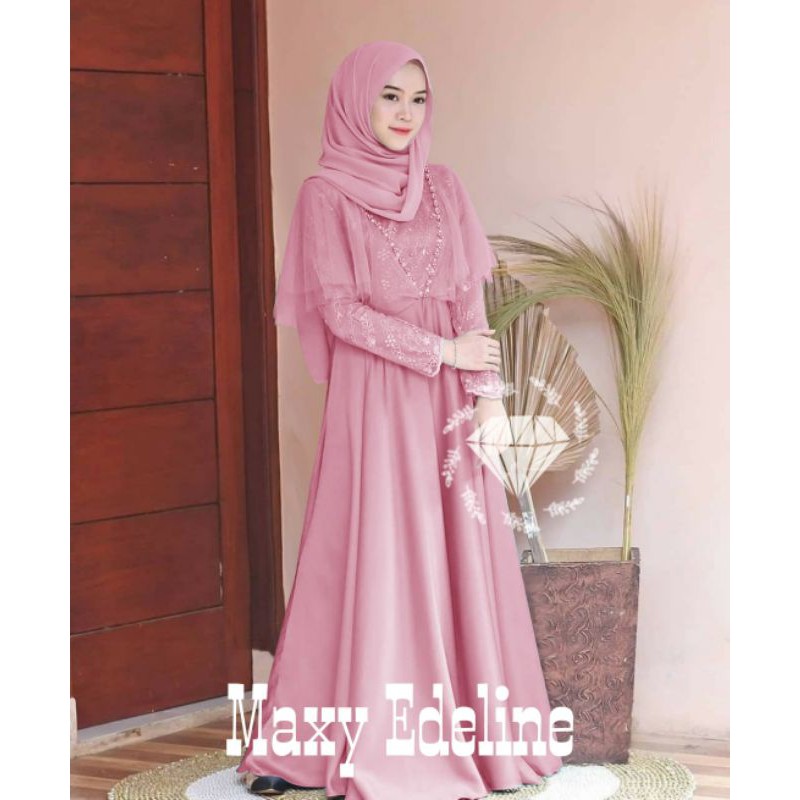 MAXY EDELINE MUTIARA, MOSCREPE BRUKAT, GAMIS HIJAB MUSLIM, MAXY DRESS, 3 UKURAN