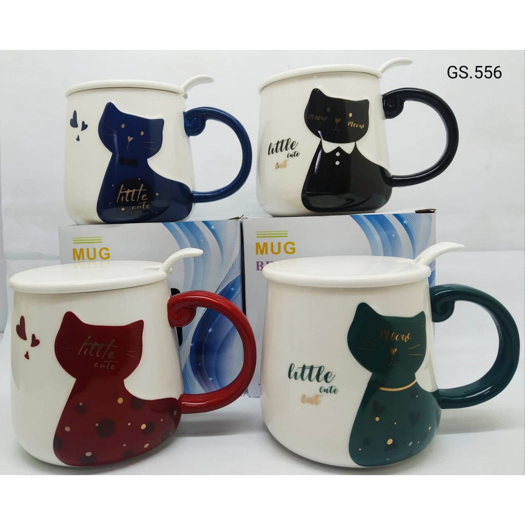 MUG CAT Gelas Mug Cangkir Keramik Motif Kucing Gelas unik Sendok Teh