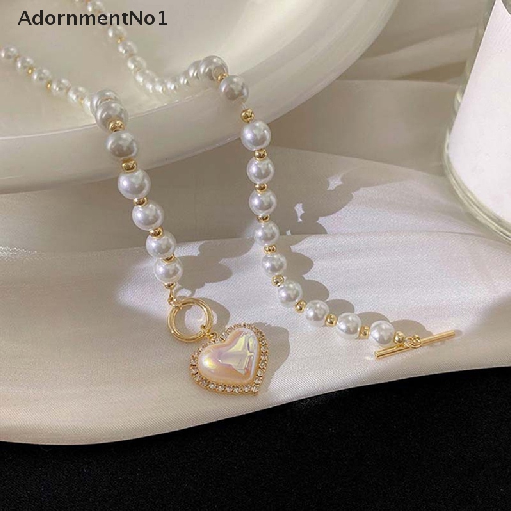 (AdornmentNo1) Kalung Rantai Dengan Liontin Hati + Mutiara + Berlian Imitasi Elegan Gaya Korea Untuk Wanita