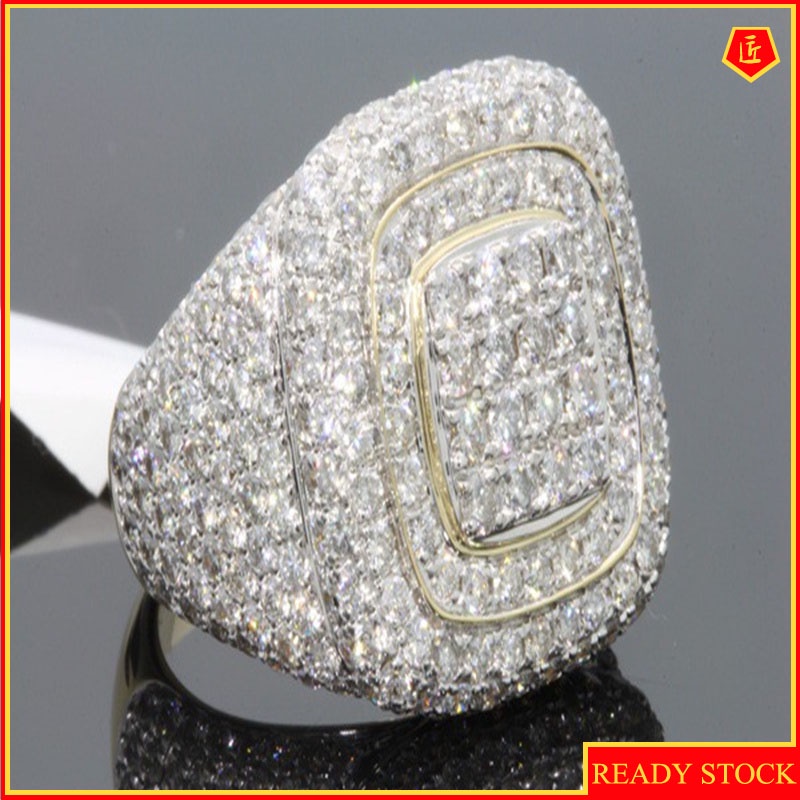 [Ready Stock]18K Gold Full Rhinestone Ring Color Separation Micro-Inlaid Luxury Fashion