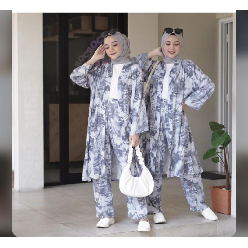 setelan cardigan kulot baju tiedye set long tunik tie die katun rayon ld120 jumbo pakaian wanita