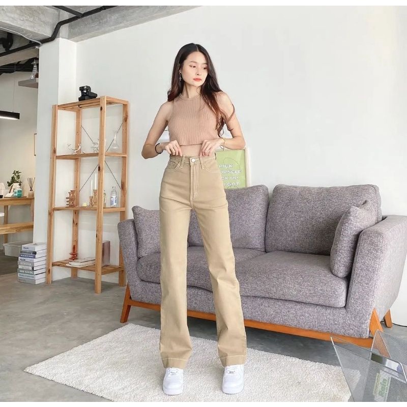 (27-30) PEANUT HW STRETCHY LOOSE JEANS / KHAKI HW STRETCH LOOSE JEANS / CELANA HIGHWAIST LOOSE JEANS WANITA CEWEK