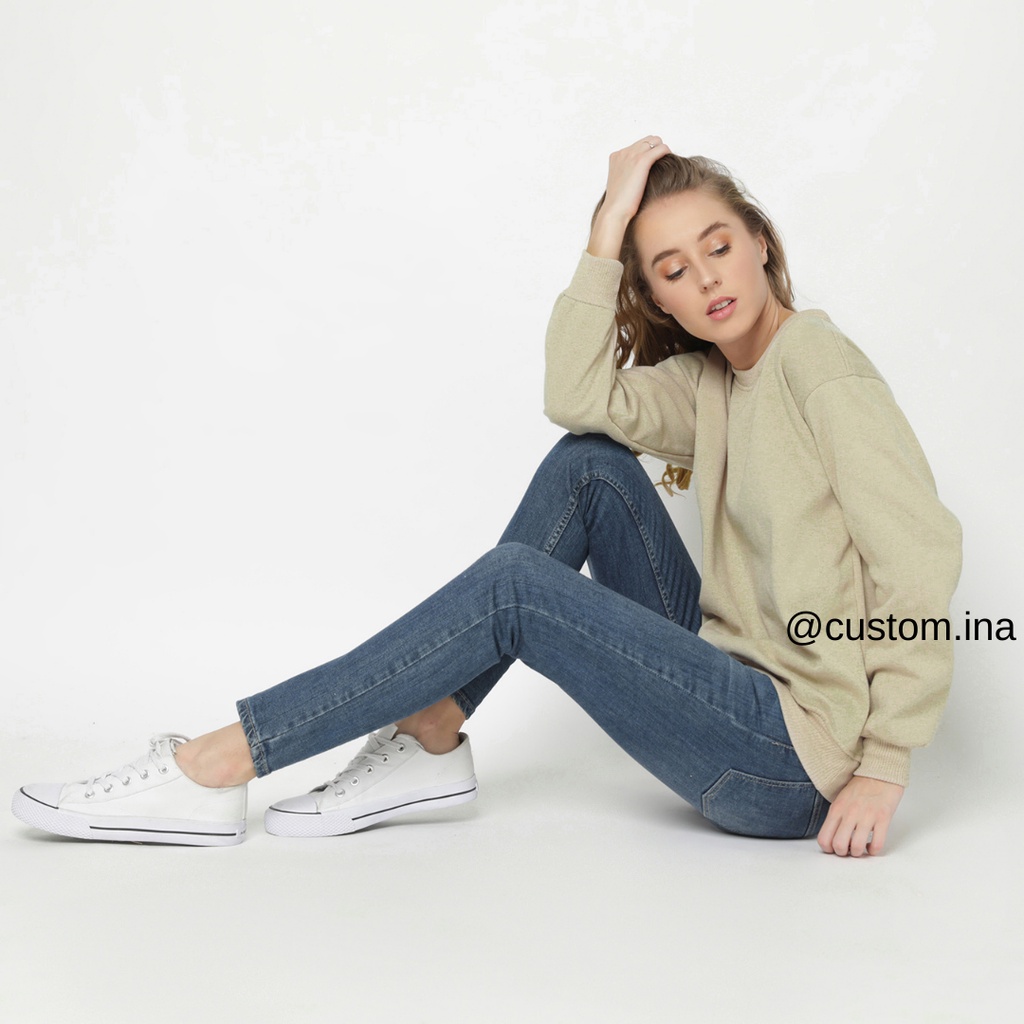 Basic Sweater Polos Beige Cream Crewneck Sweatshirt Pria Wanita Size M - XXXL-3