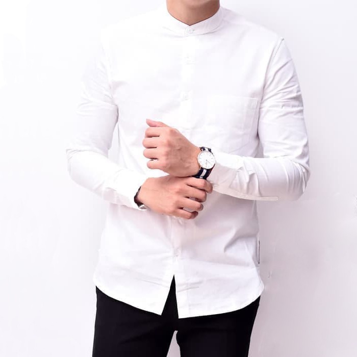Kemeja Putih Polos Pria Lengan Panjang Kerah Shanghai Kancing 1 White Casual Slimfit 3345