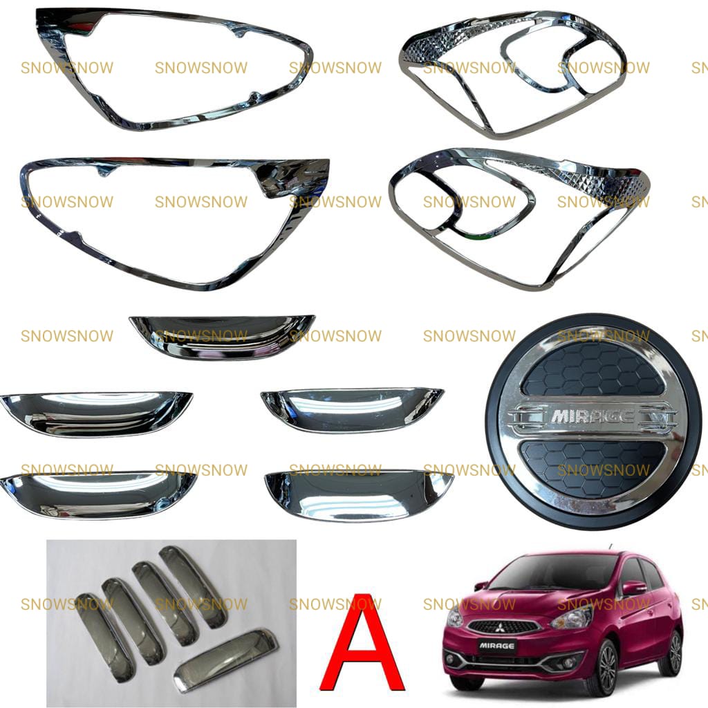 Paket Garnish Lampu Depan Belakang Outer Handle Tank Cover Mitsubishi Mirage Luxury Hitam Chrome