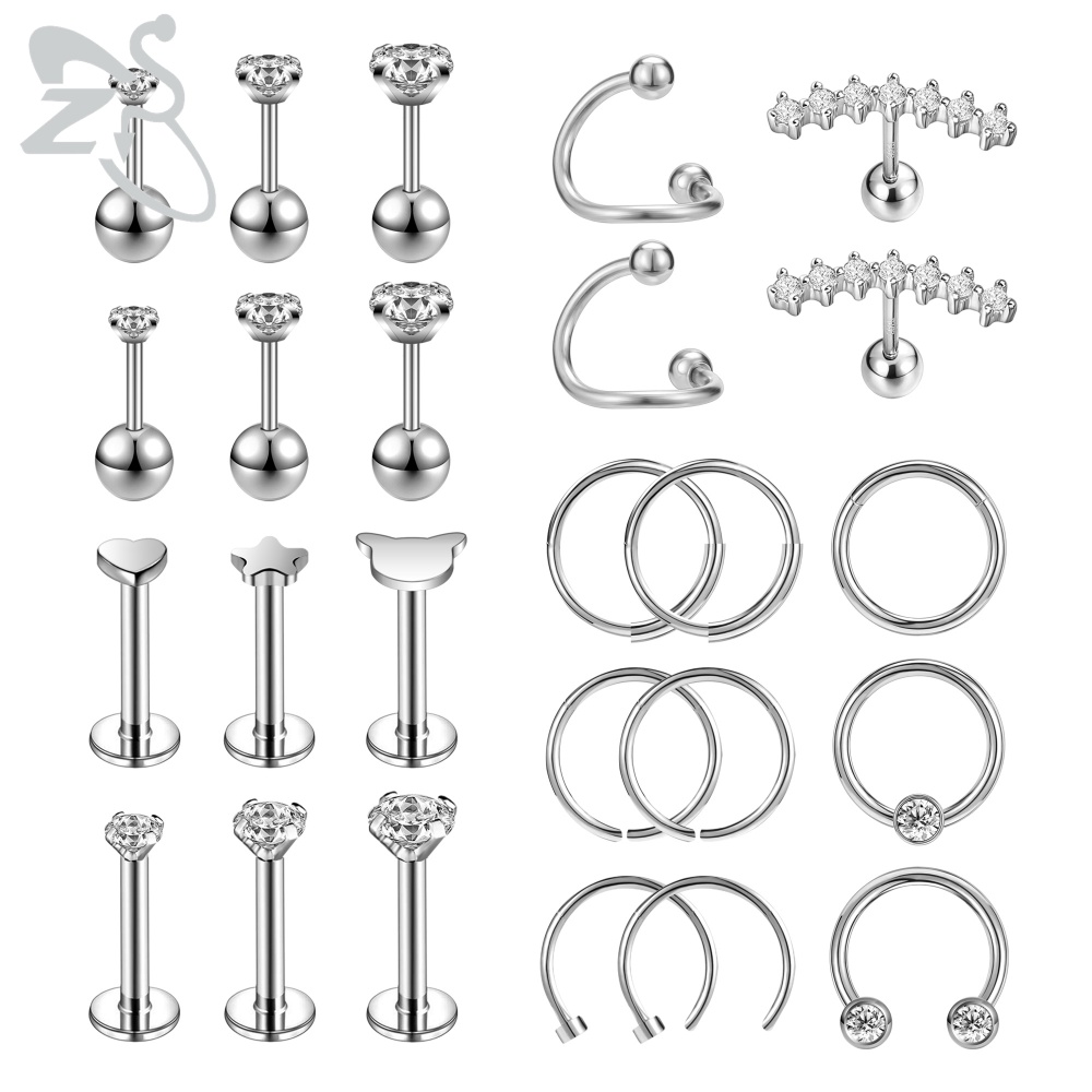 10-36Pcs/lot 316L Stainless Steel Nose Rings Set Opal Lip Eyebrow Piercings Crystal Earring Helix Tragus Piercing Belly Rings