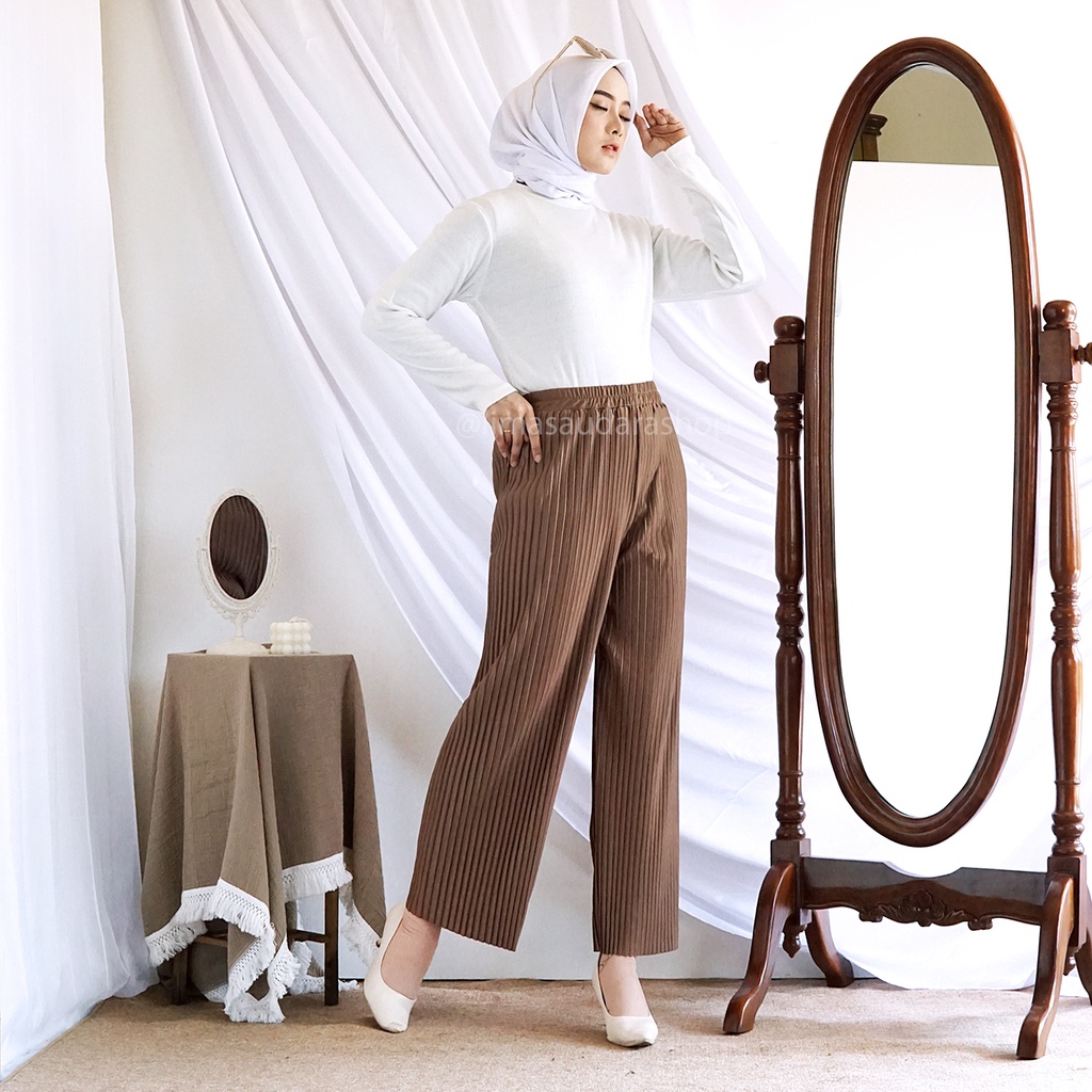 Celana Plisket / Pleated Pants Premium Glossy Nyaman Panjang Muslim