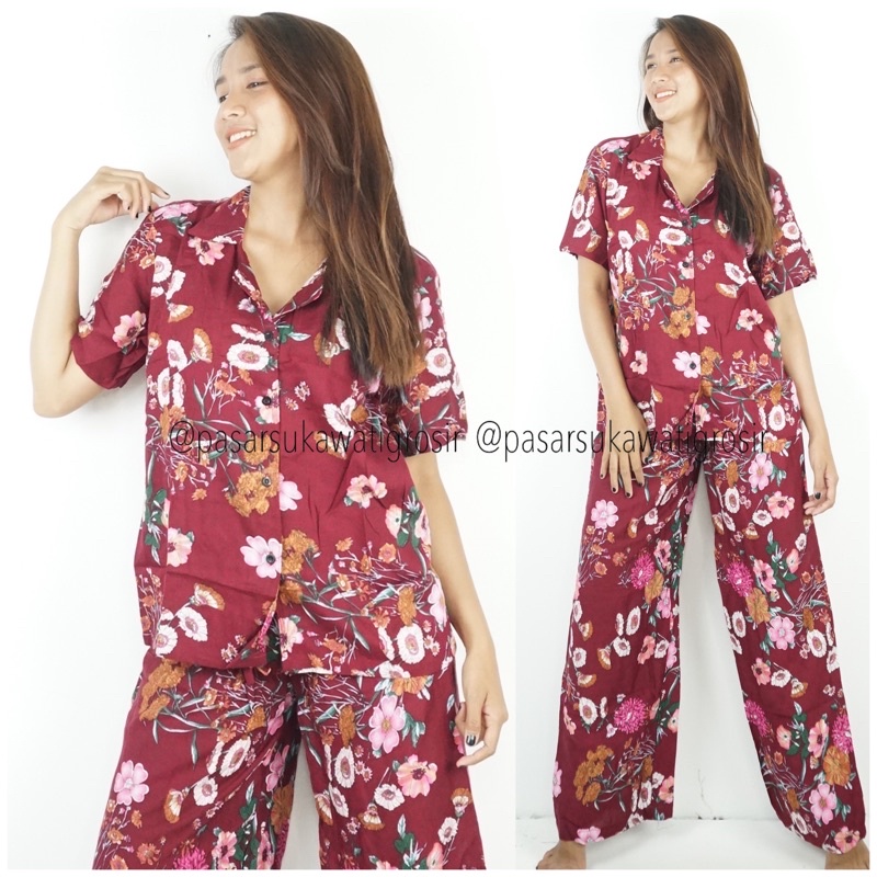 SET SETELAN PIYAMA BALI MOTIF BUNGA RAYON ADEM MUAH GROSIR