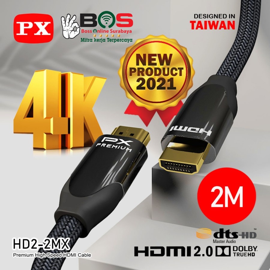 Kabel HDMI High Speed UHD 4K HDR HDMI Cable Nylon 1.5 Meter PX HD2-2MX - 2M Hitam