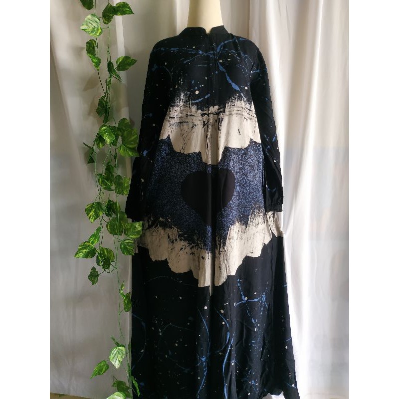 Gamis Busui Rayon Twill Ori Jumbo Mekar Super Motif Love Hitam Ciprat Putih Biru