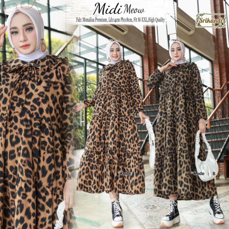 midi meow gamis midi dress motif leopard macan korean style