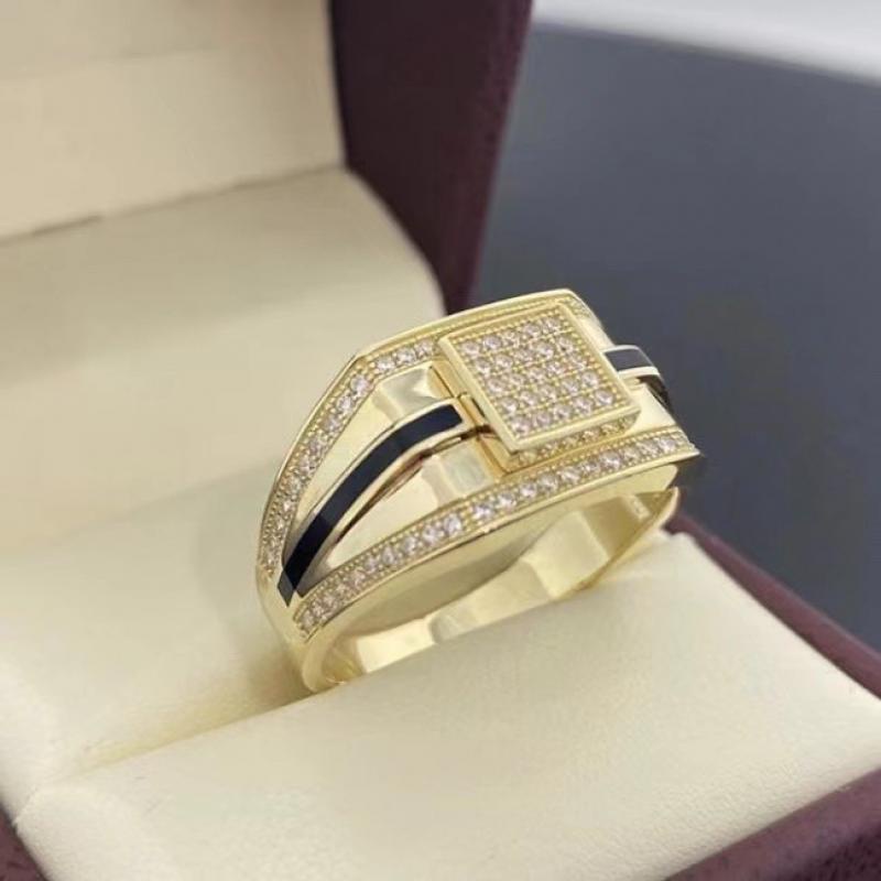 Cincin Lapis Emas Desain Geometri Hias Berlian Zirkon Warna Hitam Untuk Wanita