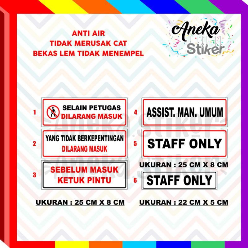 

STIKER KANTOR STAFF ONLY / STIKER KETUK PINTU / STIKER SELAIN PETUGAS DILARANG MASUK